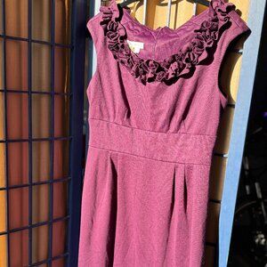 London Times Plum Ruffle Neck Sleeveless Fit & Flare Dress Size 8